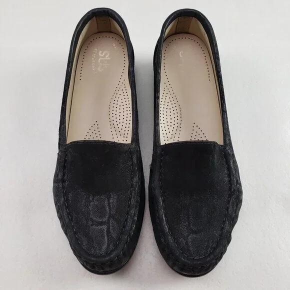 SAS Simplify Embossed Snake Loafer Womens 7.5 Black Leather Slip On Flat Shoe - Picture 2 of 11